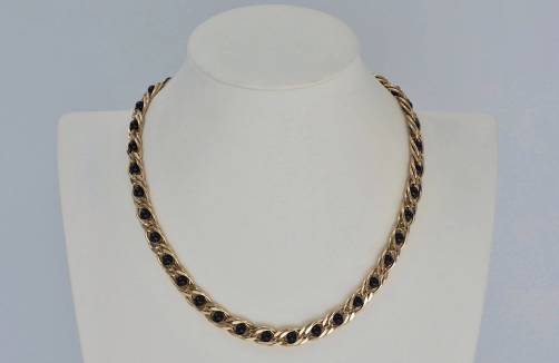 Vintage Napier necklace gold chain with black beads, 1980`s ca, American